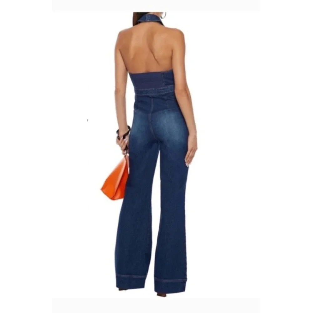 Alice + Olivia Jeans Jumpsuit Size 24 Denim Dark Halter Neck Full Zip Flare - Picture 2 of 14